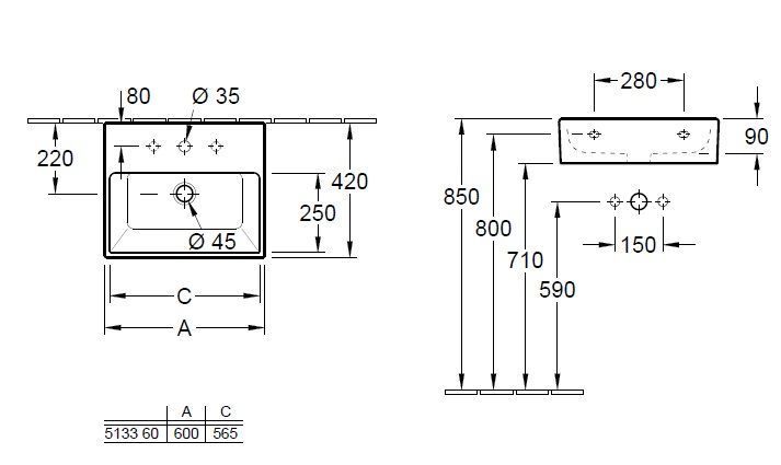 Умывальник подвесной Villeroy and Boch Memento (600 Х 420 мм) 513360R2
