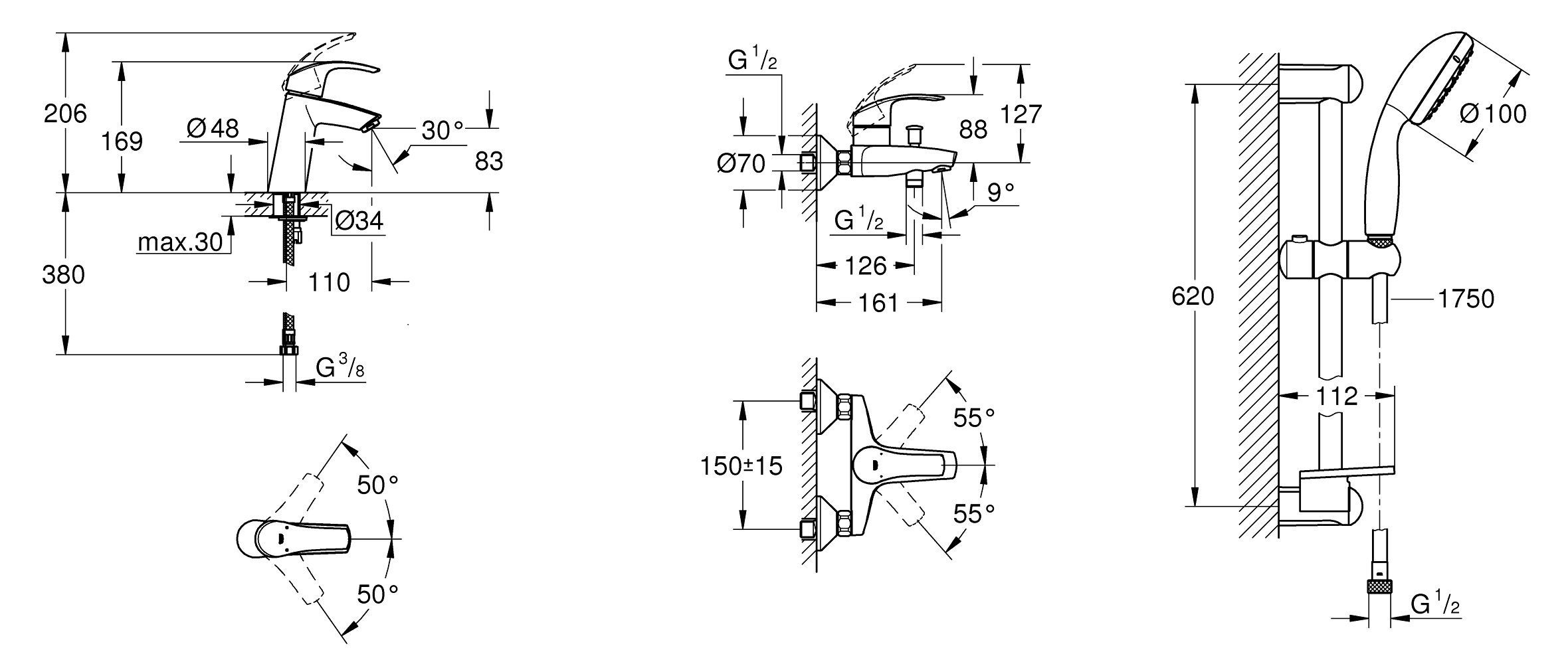 Набор для ванны с душевой стойкой Grohe Eurosmart 123246M