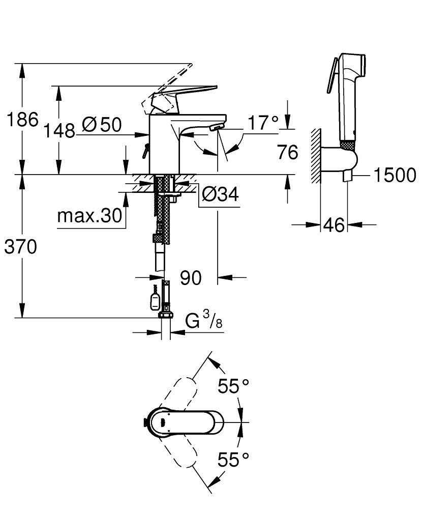 Змішувач для умивальника з гігієнічним душем Grohe Eurosmart 23125000