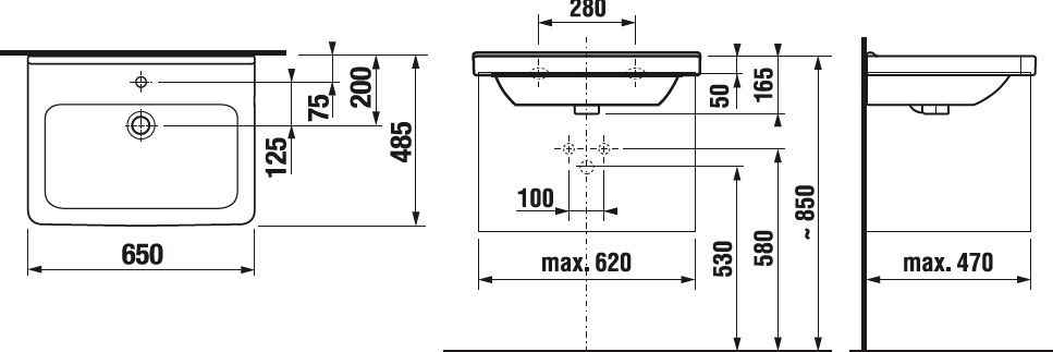 Jika Cubito Pure Раковина прямокутна меблева/підвісна 650x485 з отвором для змішувача H8104240001041