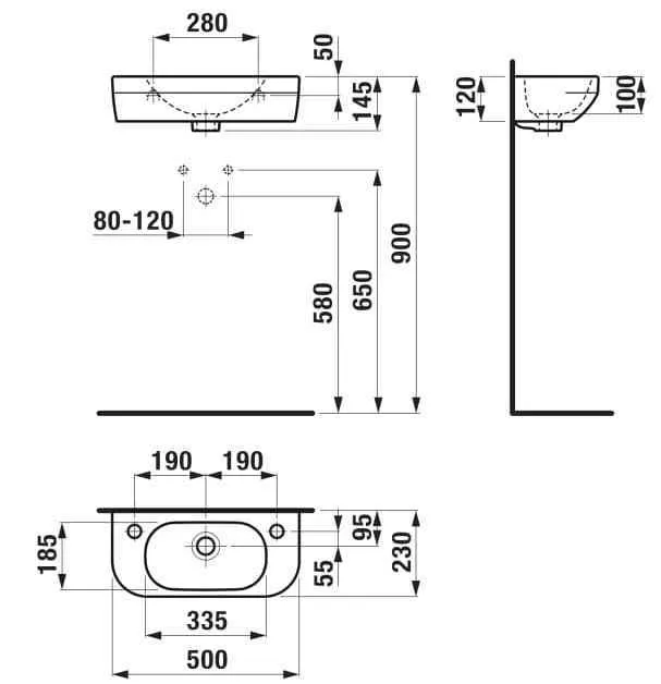 Deep by Jika Раковина прямоугольная подвесная 500*230 мм, левая, с отверстием для смесителя, с переливом