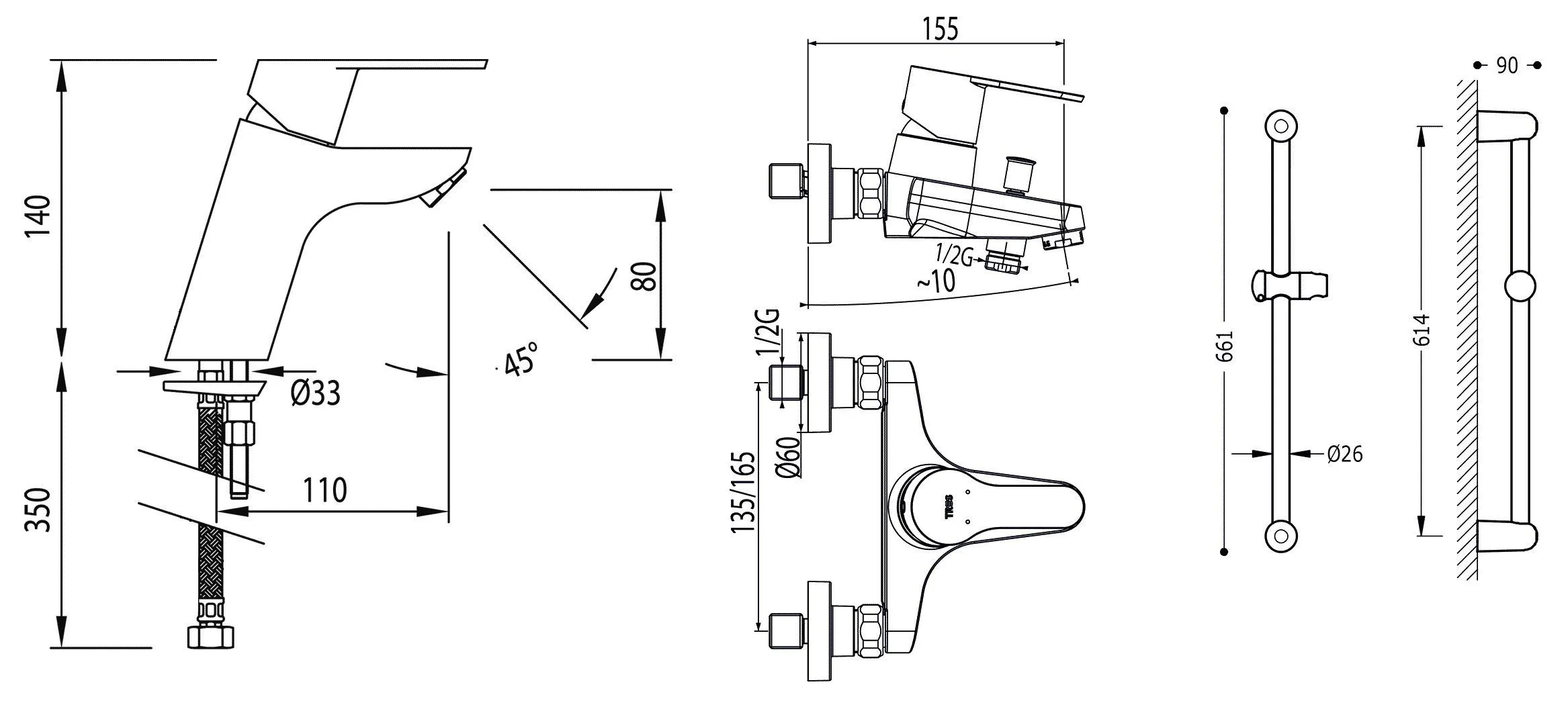 Набор: Смеситель для раковины и смеситель на ванну с душевым набором на штанге Tres №2