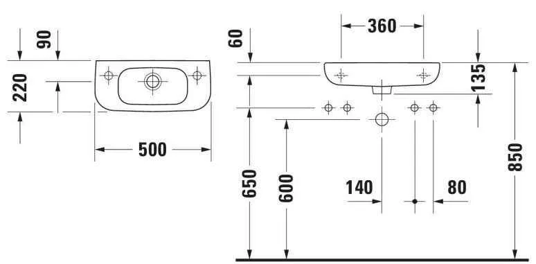 D-code Раковина підвісна, 500*220 мм, з отв. для змішувача ліворуч, з переливом