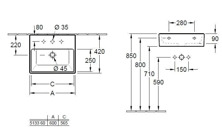 Умывальник подвесной Villeroy and Boch Memento (600 Х 420 мм) 513361R2