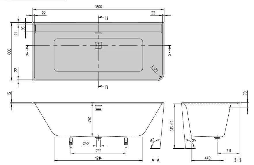 Пристінна ванна Villeroy&Boch Collaro (лівостороння) UBA180COR9CL00VN01