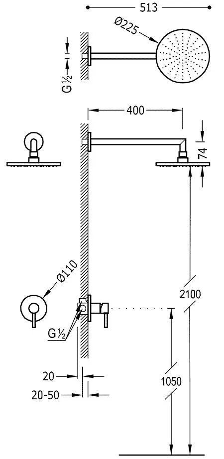 Набор: Смеситель с верхним душем Tres Alplus