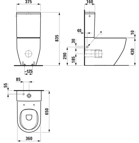 Pro Унитаз напольный 650*375*835 мм, безободковый, с бачком, с крышкою Soft-Close Slim