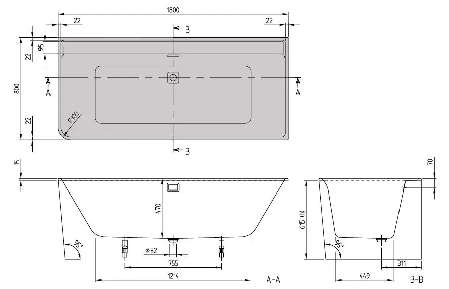 Пристенная ванна Villeroy&Boch Collaro (правосторонняя) 9CRBCVD UBA180COR9CRBCVD96