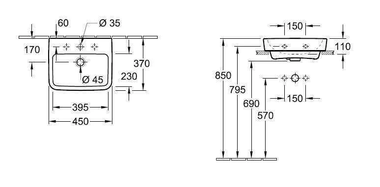 Підвісний умивальник Villeroy and Boch O. Novo 43444L01