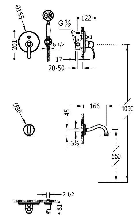 Набор: смеситель - душевой комплект - излив Tres Clasic 24218005AC