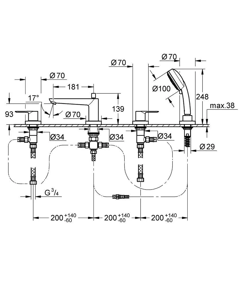 Смеситель на борт ванны на 4 отверстия Grohe
