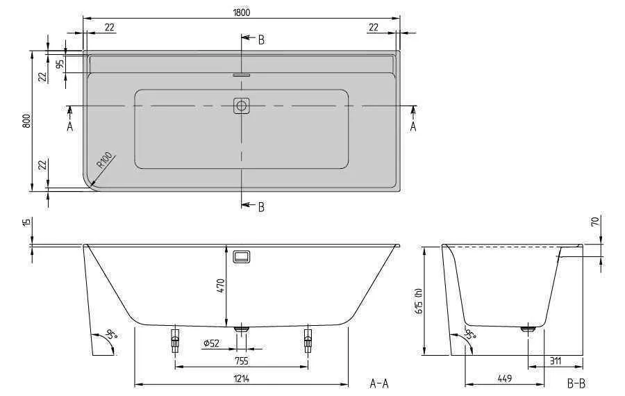 Пристінна ванна Villeroy&Boch Collaro (правосторонняя) UBA180COR9CR00VN01
