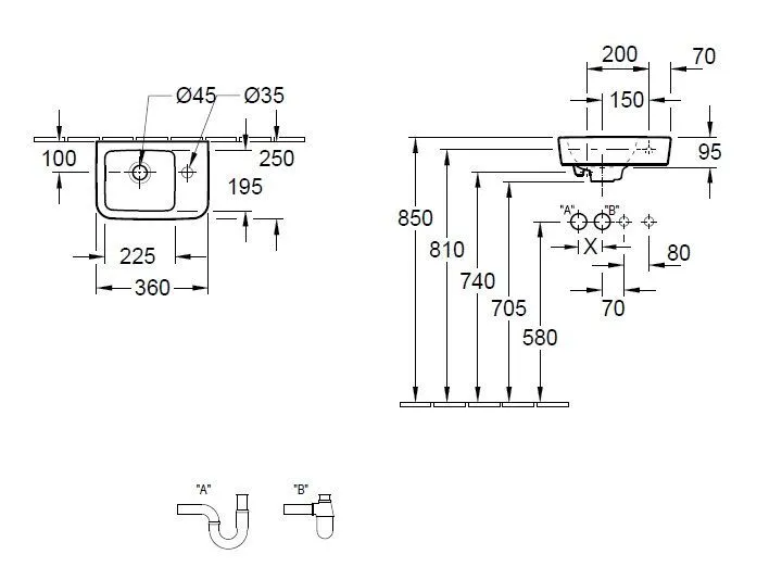 Подвесной умывальник правосторонний Villeroy and Boch O. Novo 43436T1