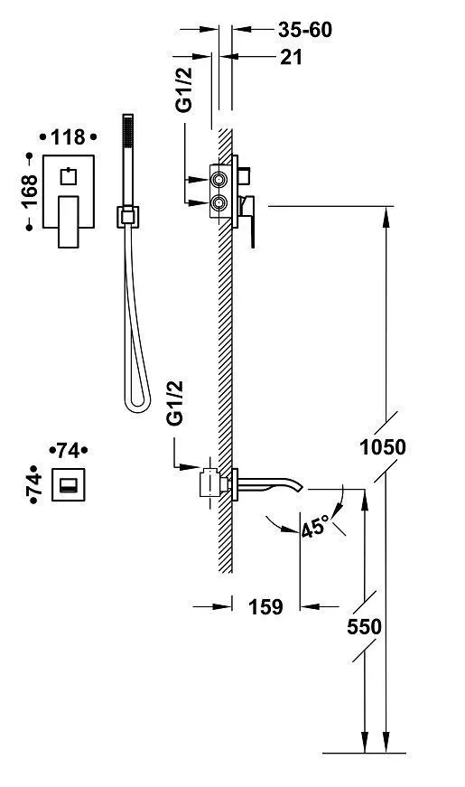 Набор: Смеситель для ванны с душевым набором Tres Cuadro 00628006BM