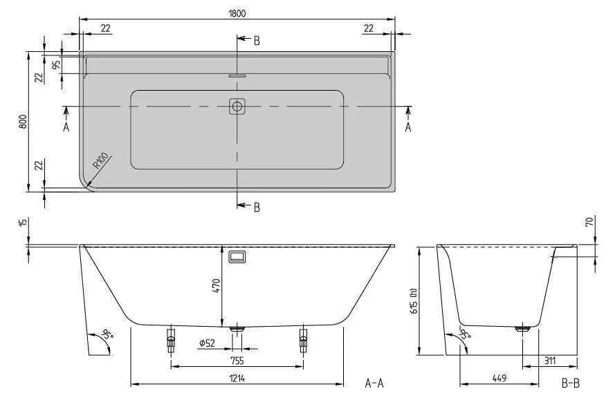 Пристінна ванна Villeroy&Boch Collaro (правосторонняя) UBA180COR9CRBCVN01