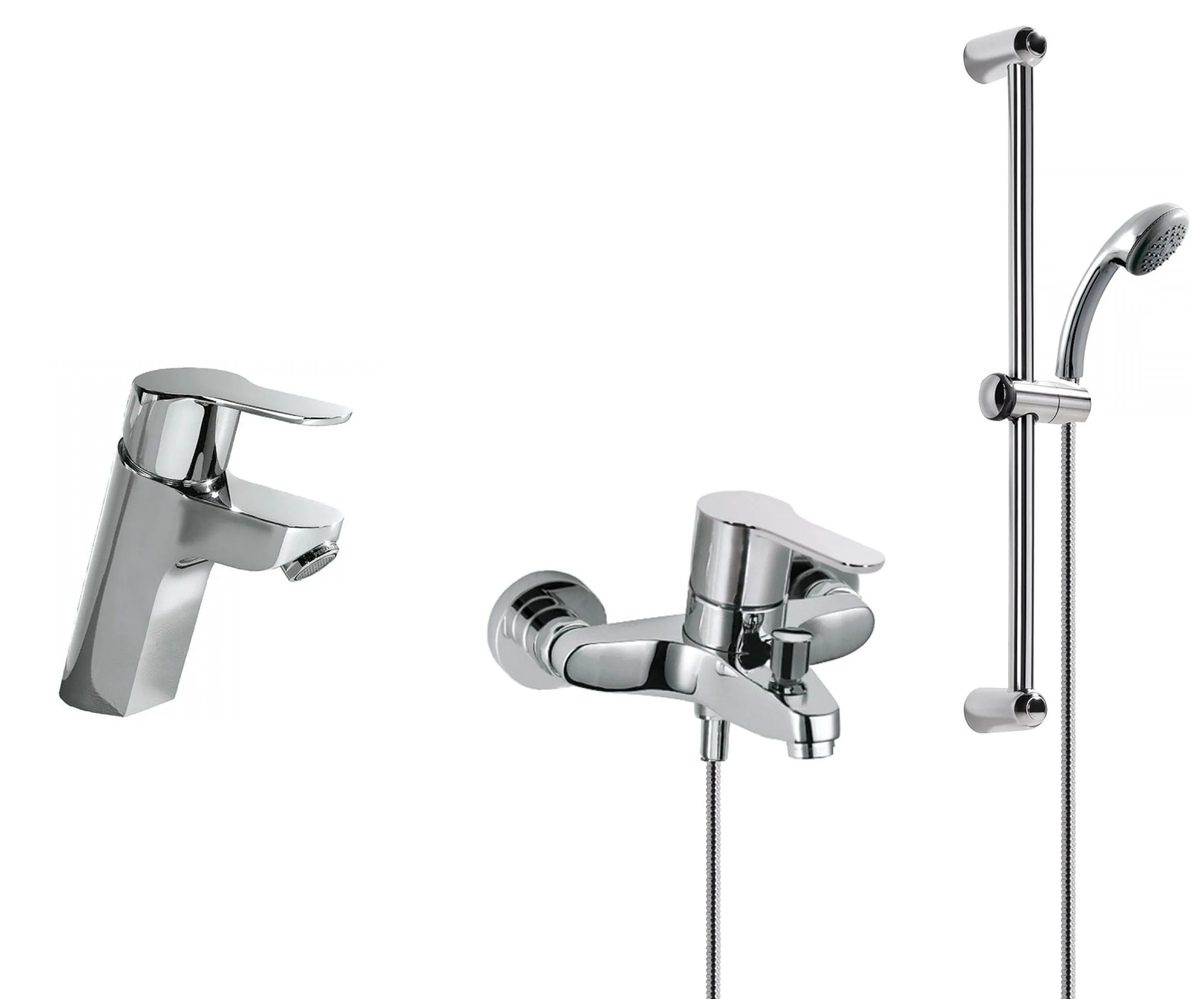 Набор: Смеситель для раковины и смеситель на ванну с душевым набором на штанге Tres №2