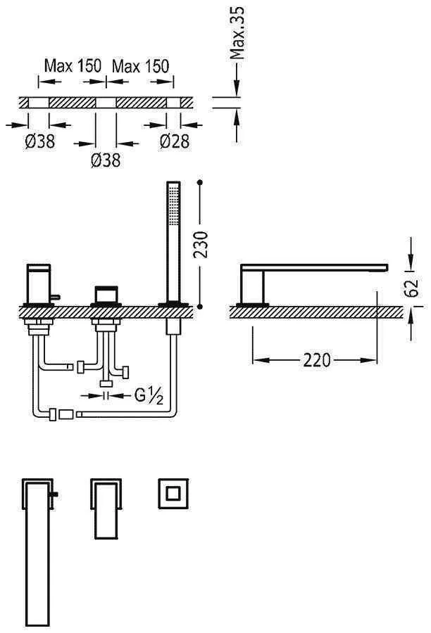 Змішувач для ванної Tres Cuadro 00616103OM