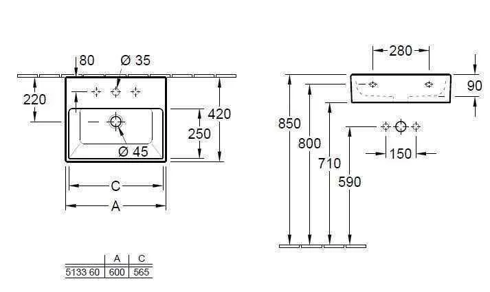 Умивальник підвісний Villeroy and Boch Memento (600 Х 420 мм) 51336101