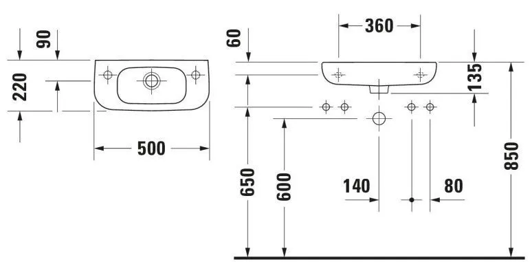 D-code Раковина подвесная, 500*220 мм, з отв. для смесителя слева, с переливом 07065000092