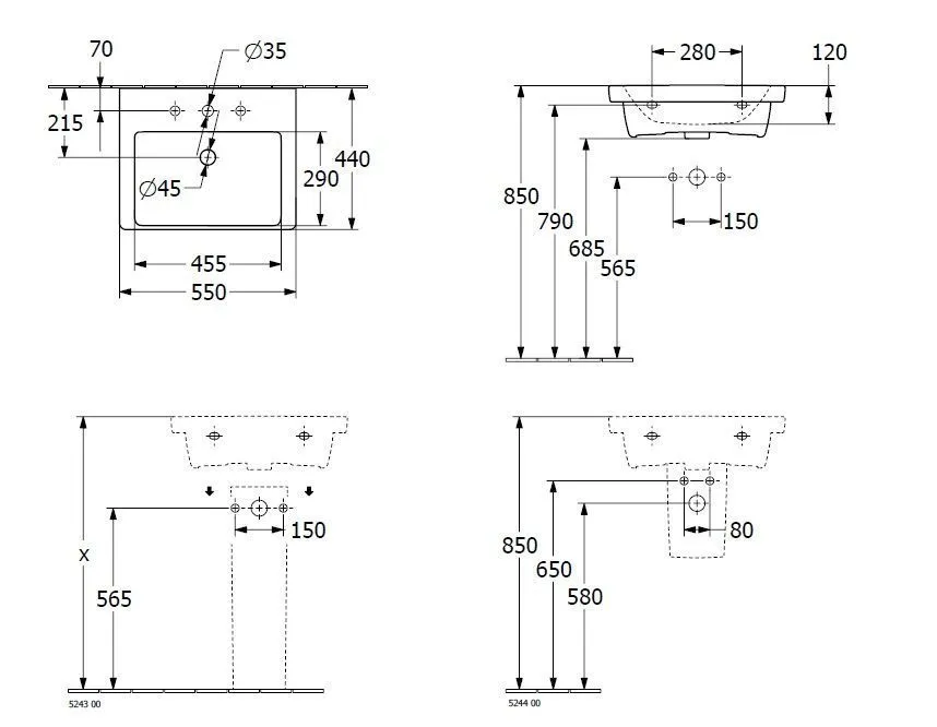 Подвесной умывальник Villeroy and Boch Subway 3.0 4A70 55 4A7055R1