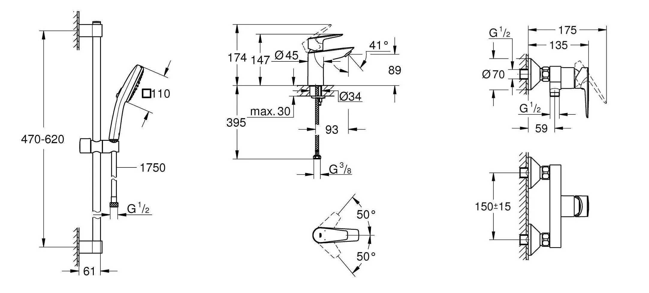 BauEdge Набор смесителей для душа (23330001+23636001+26748003), хром UA123208S1